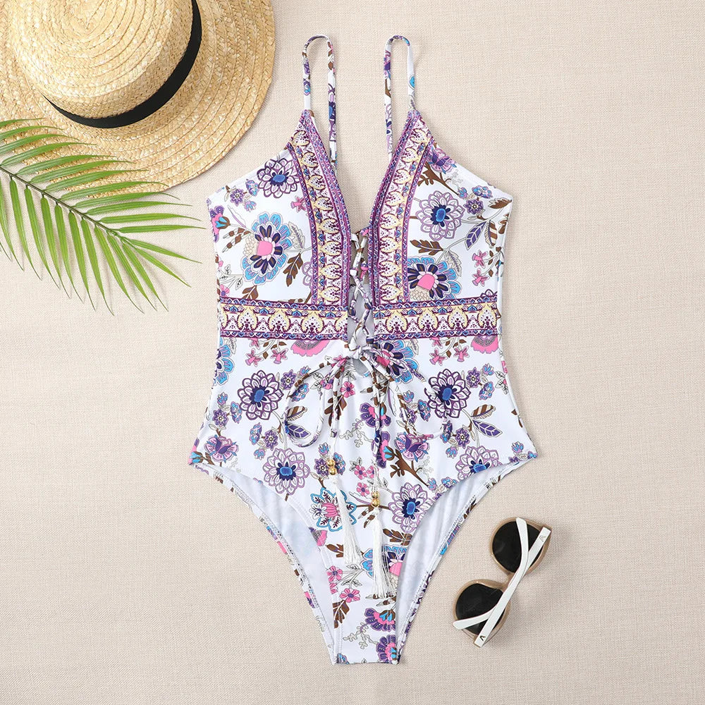 Women's Print Swimwear Backless One Piece Bandage Beachwear Ruffle Swimsuit