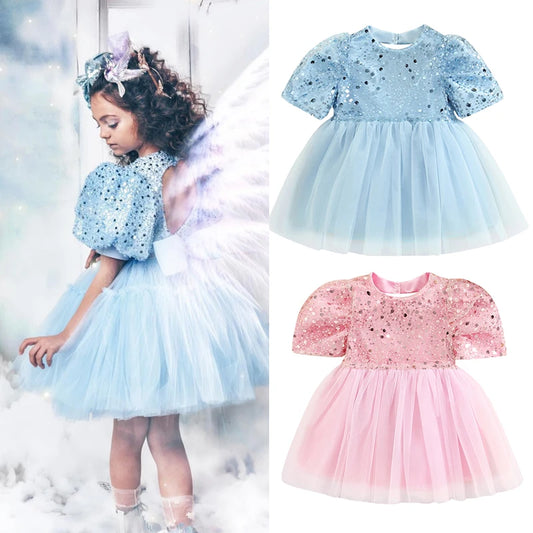 0-5Y Princess Kids Girls Party Puff Sleeve Sequined Lace Patchwork Back Bowknot Mesh Tutu Dress