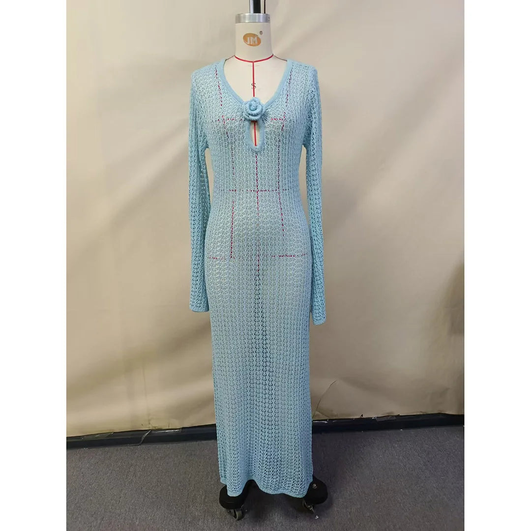 3D Flower V Neck Crochet Knitted Beach Cover Up Tunic
