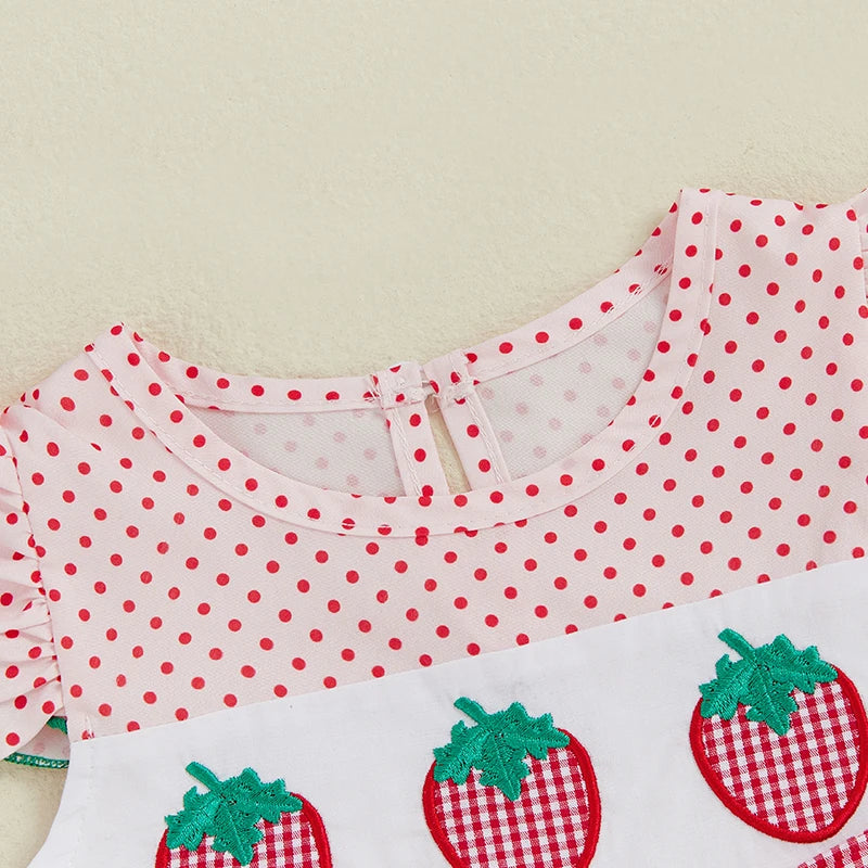 0-18M  Baby Girls Romper for Summer Strawberry Embroidery Dot Print Crew Neck Ruffled Flying Sleeve Babygrow Jumpsuit
