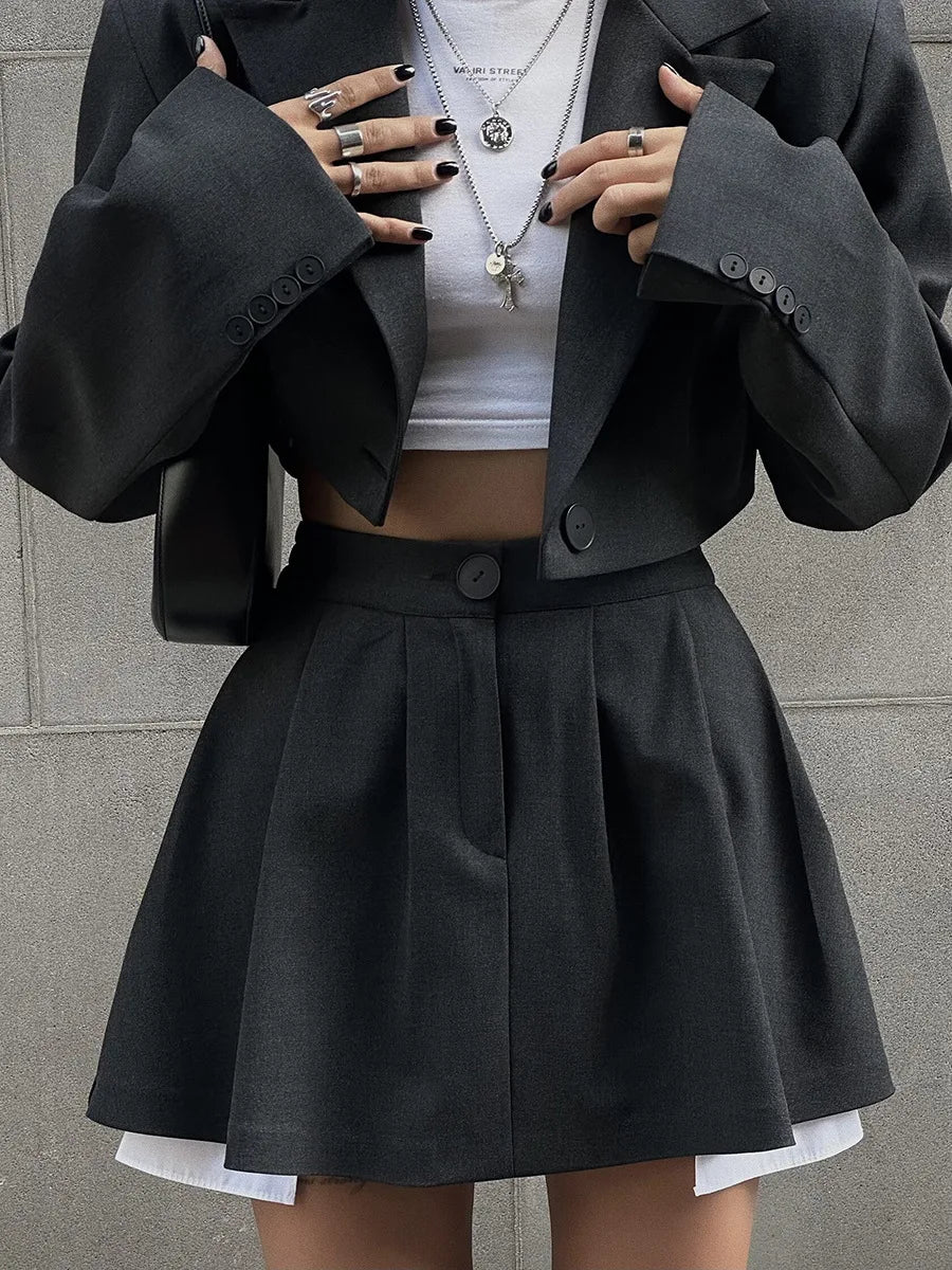 Women's Short Blazer Set - Crop Blazer Jackets & Pleated Mini Skirt Two Piece Set