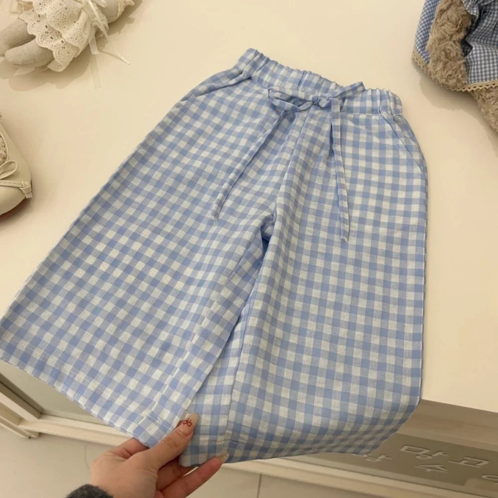 Girls Korean Style Two-Piece Set - Bow Print T-Shirt & Checkered Wide Leg Pants