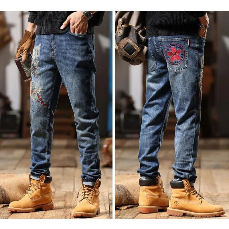 Men's Chinese Embroidered Slim Jeans - Elastic Fit