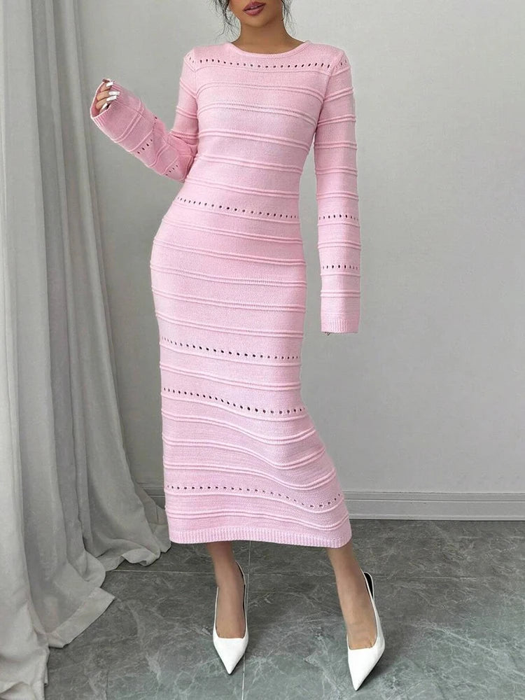 Women's Striped Hollow Two-Wear Knitted Long Dress  Sweater Dress