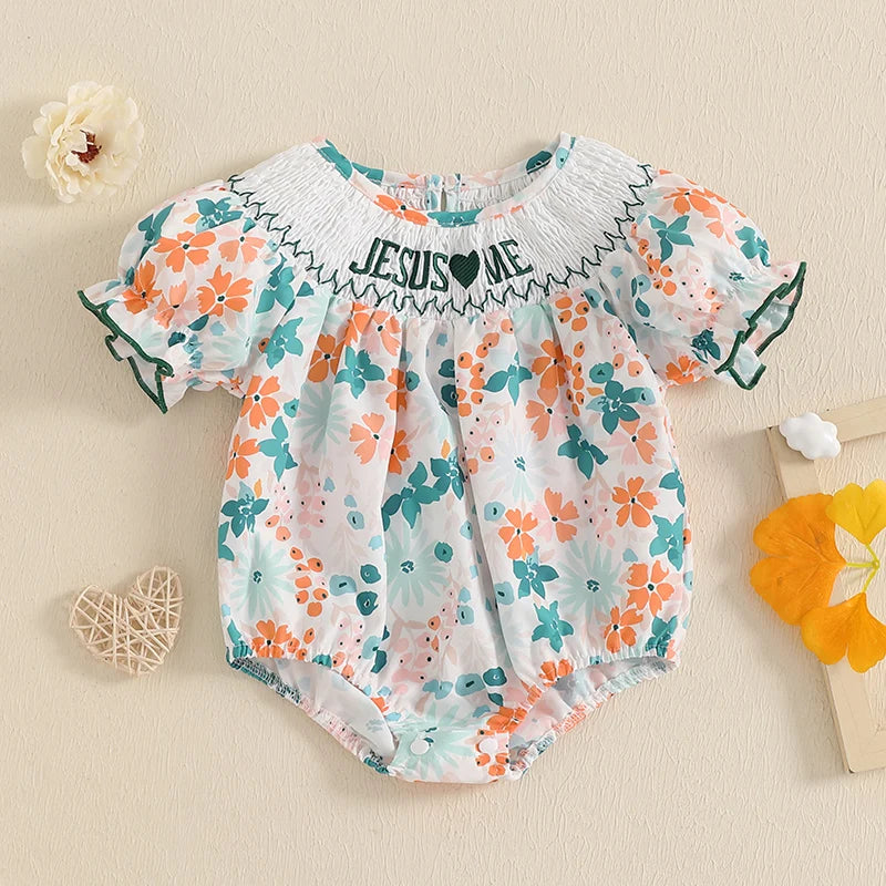 Baby Girls Floral Letter Embroidery Romper - Smocked Short Sleeve Playsuit (0-12M)