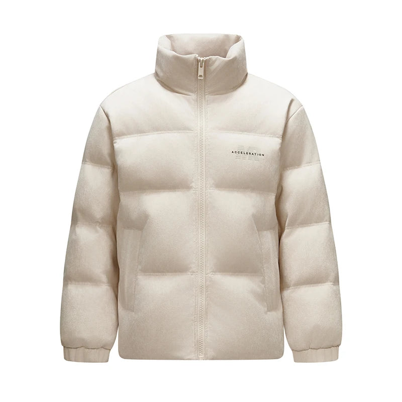 Down Jacket Men Faux Suede Texture Stand Collar Puffer Coat Winter Loose Fit Warm Outerwear