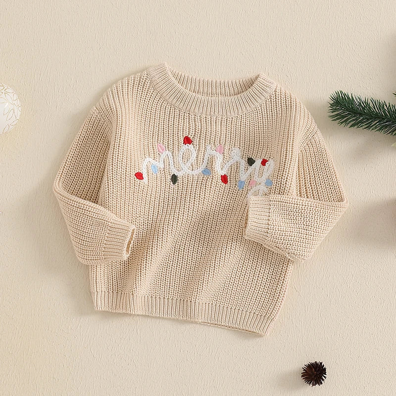 Baby Boys Girls Christmas Sweater 0-3Y Letter Light String Embroidery Long Sleeve Knitwear Top