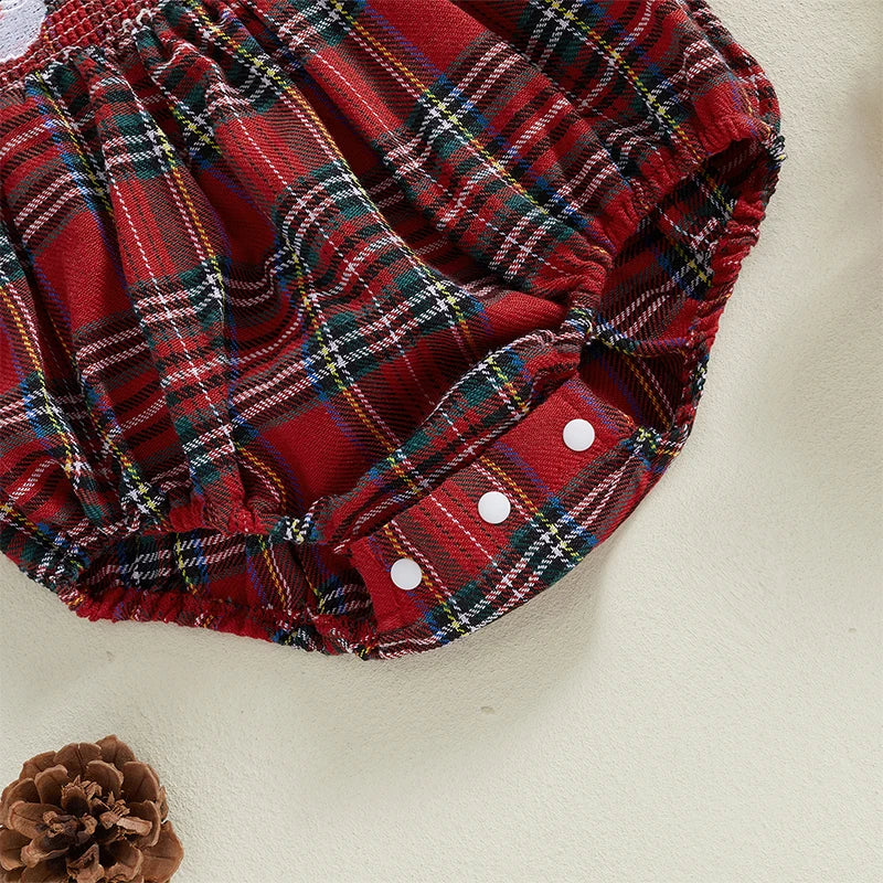 Christmas Santa Embroidery Peter Pan Collar Romper - Baby Girls Plaid Jumpsuit