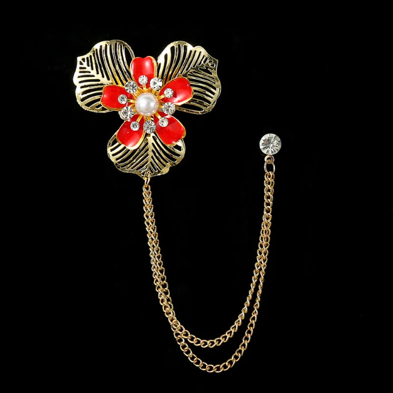 Crystal Pearl Flower Brooch Gold Colour Tassel Chain Lapel Pin