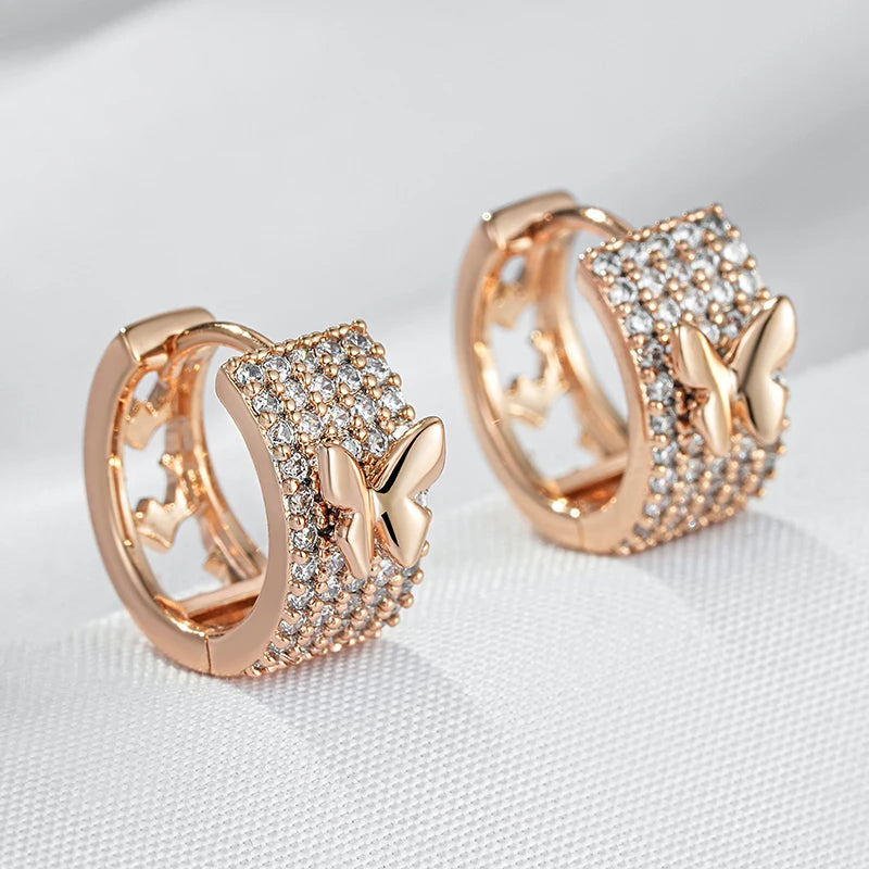 Women's 585 Rose Gold Colour Crystal  Natural Zircon Butterfly Drop Earring