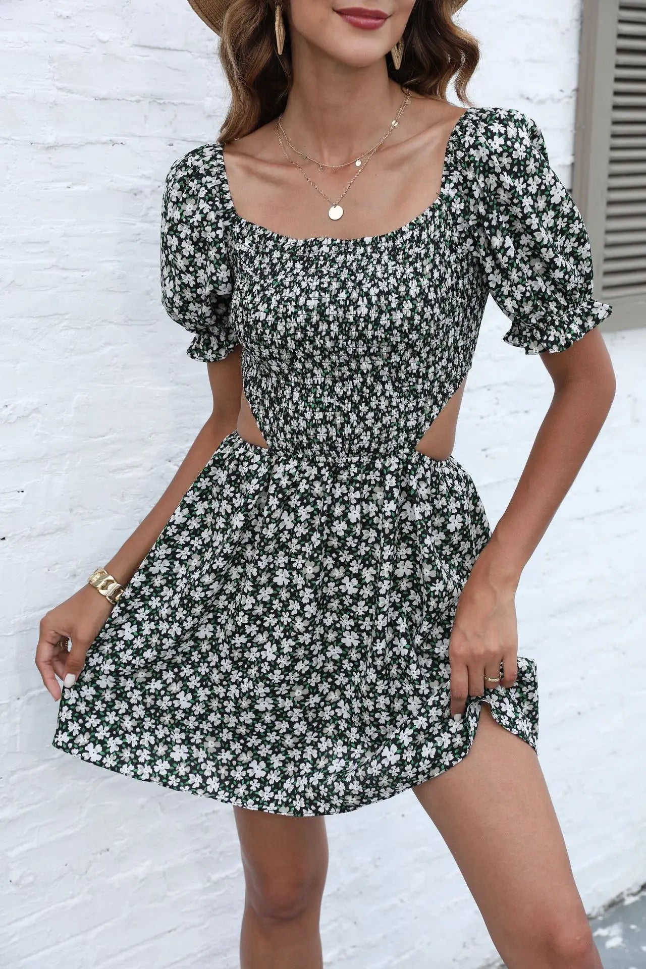 Women's one-line collar Floral Dress Skirt