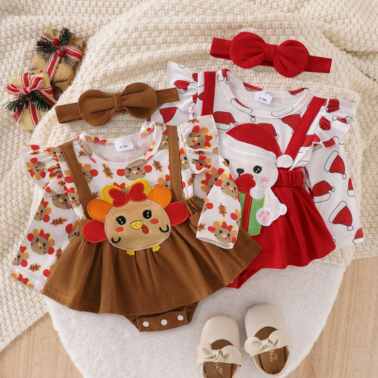 2-Piece Baby Girls Holiday Romper Dress Set 0-18M - Thanksgiving/Christmas Print with Headband