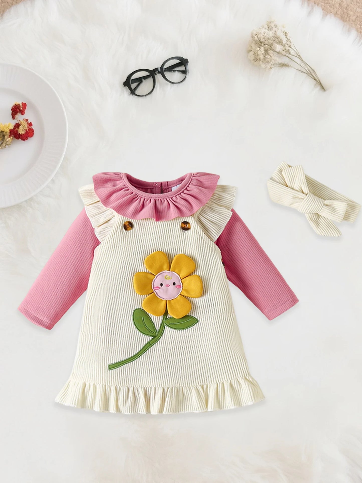 Baby Girls Sunflower Embroidery Outfit Set - Ruffled Long Sleeve Romper Dress & Bow Headband (0-18M)