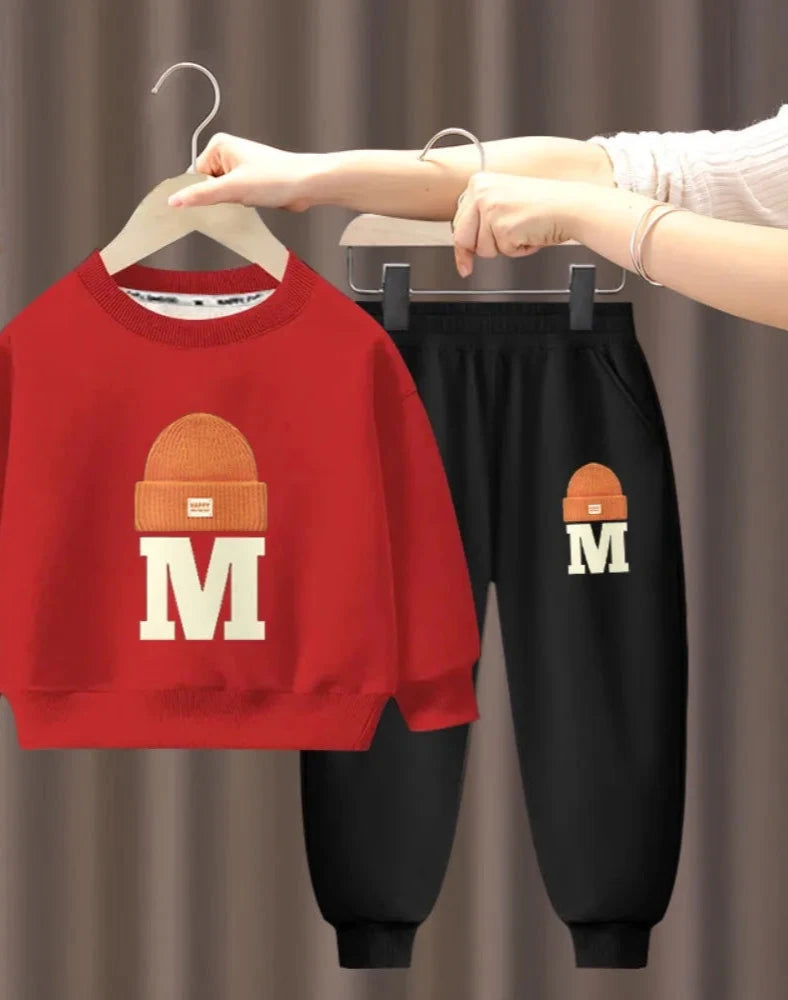 Children's Plush Letter Sweater Long sleeved Pants Two Piece Set