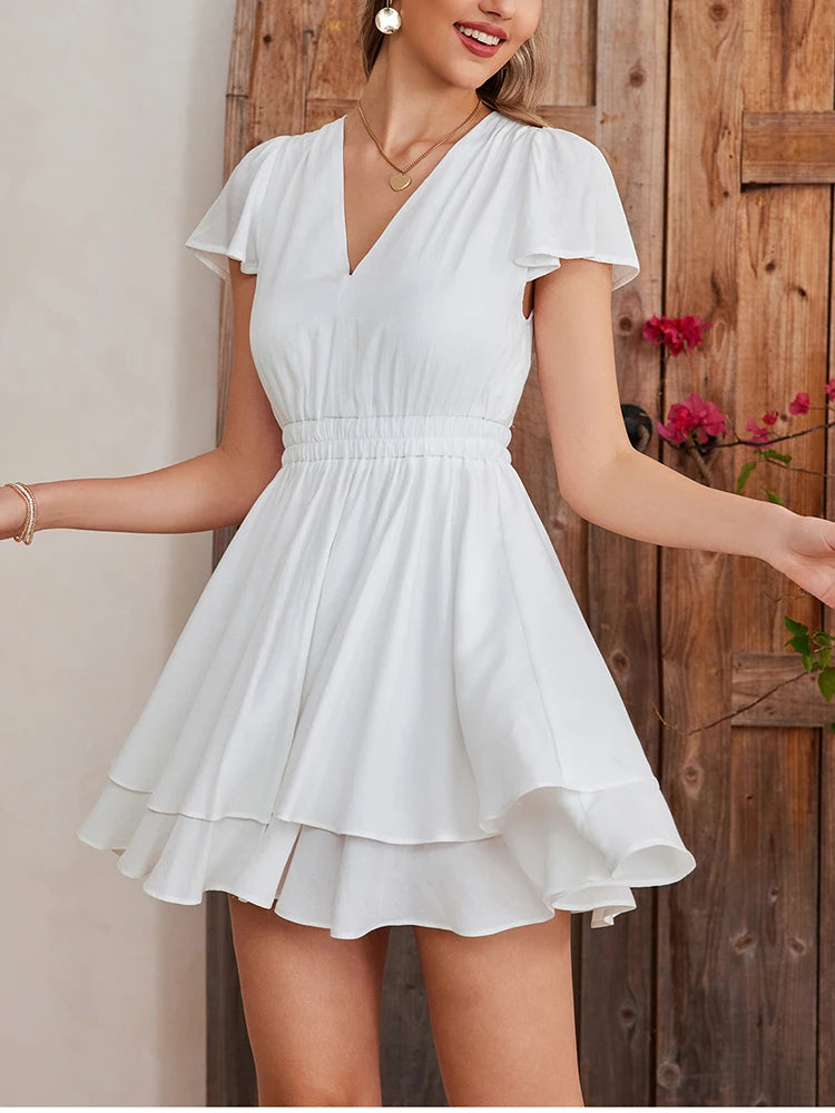 Women's Summer V-Neck Mini Dress - Crinkle Ruffled A-Line Sundress
