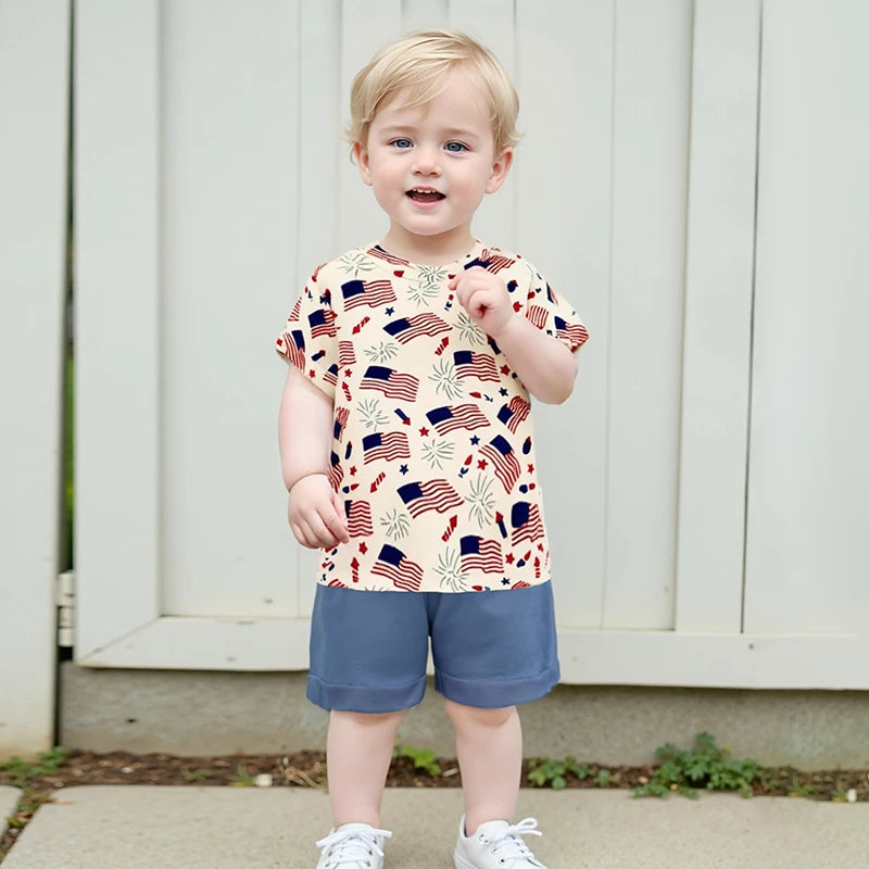 0-3Y Infant Baby Boys American Flag Clothes Sets Short Sleeve Flag Print T Shirts Drawstring Shorts Set