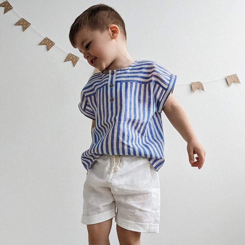 Children's Boy's Round Neck Buttons Short-Sleeved Linen Top