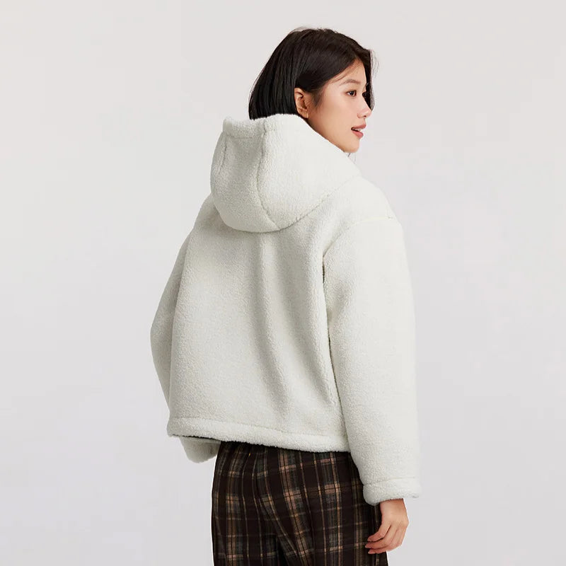 Women's Anti-Static Faux Sherpa Hooded Jacket - Loose Fit Color Block Winter Coat