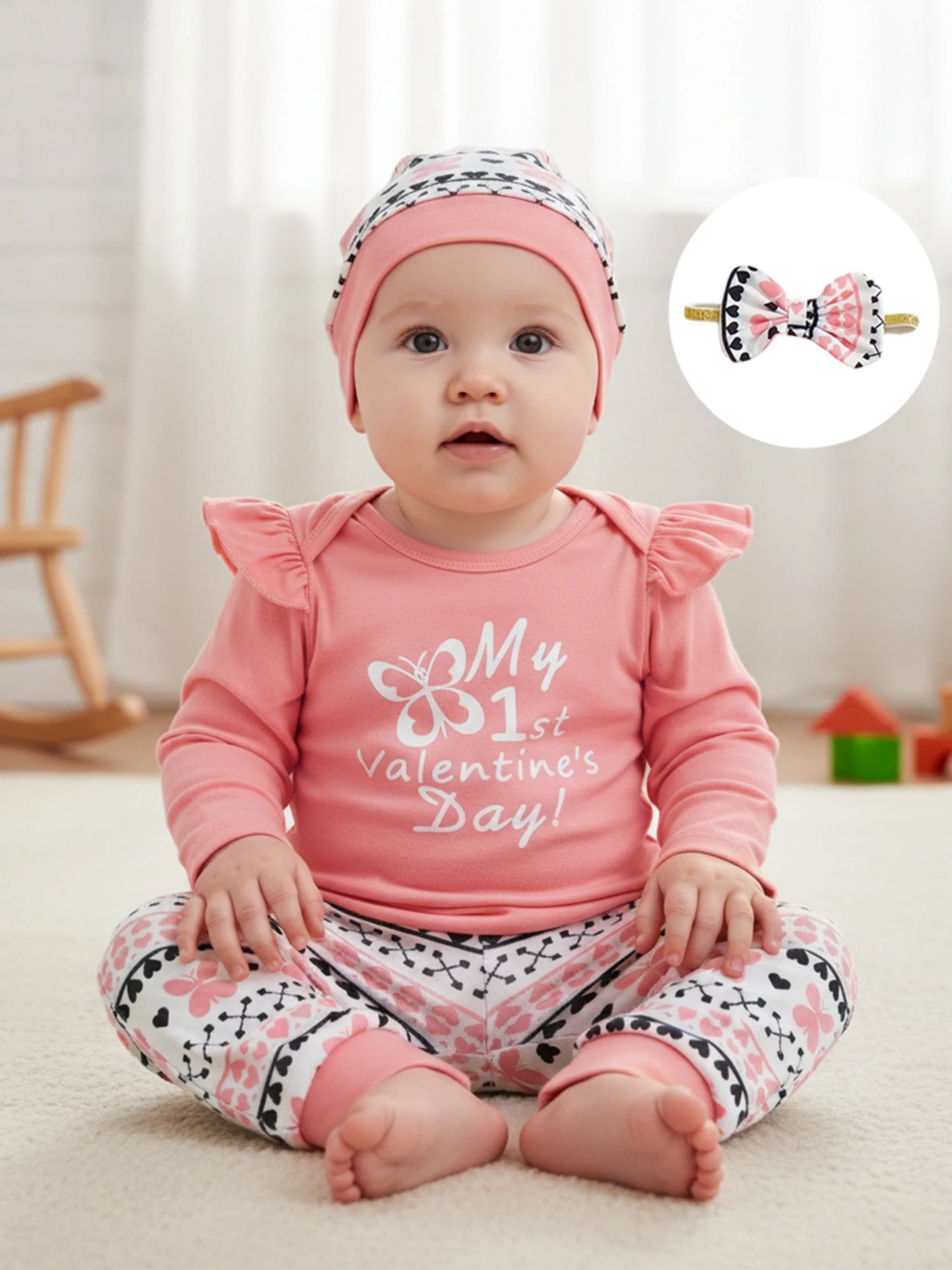 Newborn Baby Girls Boys Valentine's Day Outfit Set - Letter Print Romper with Butterfly Pants & Accessories 0-12M