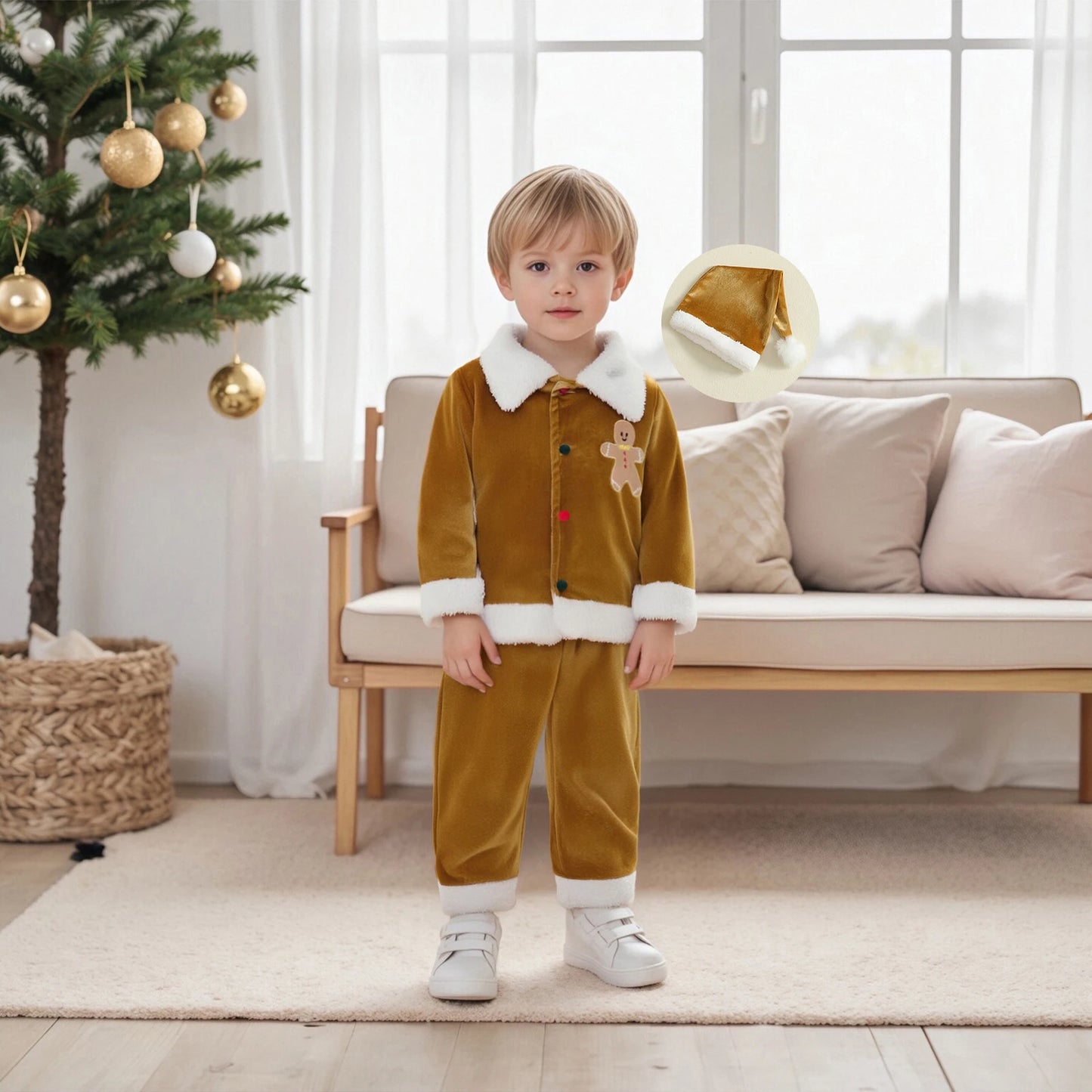 Christmas Santa Costume Set - Kids Lapel Button Down Top & Pants Outfit