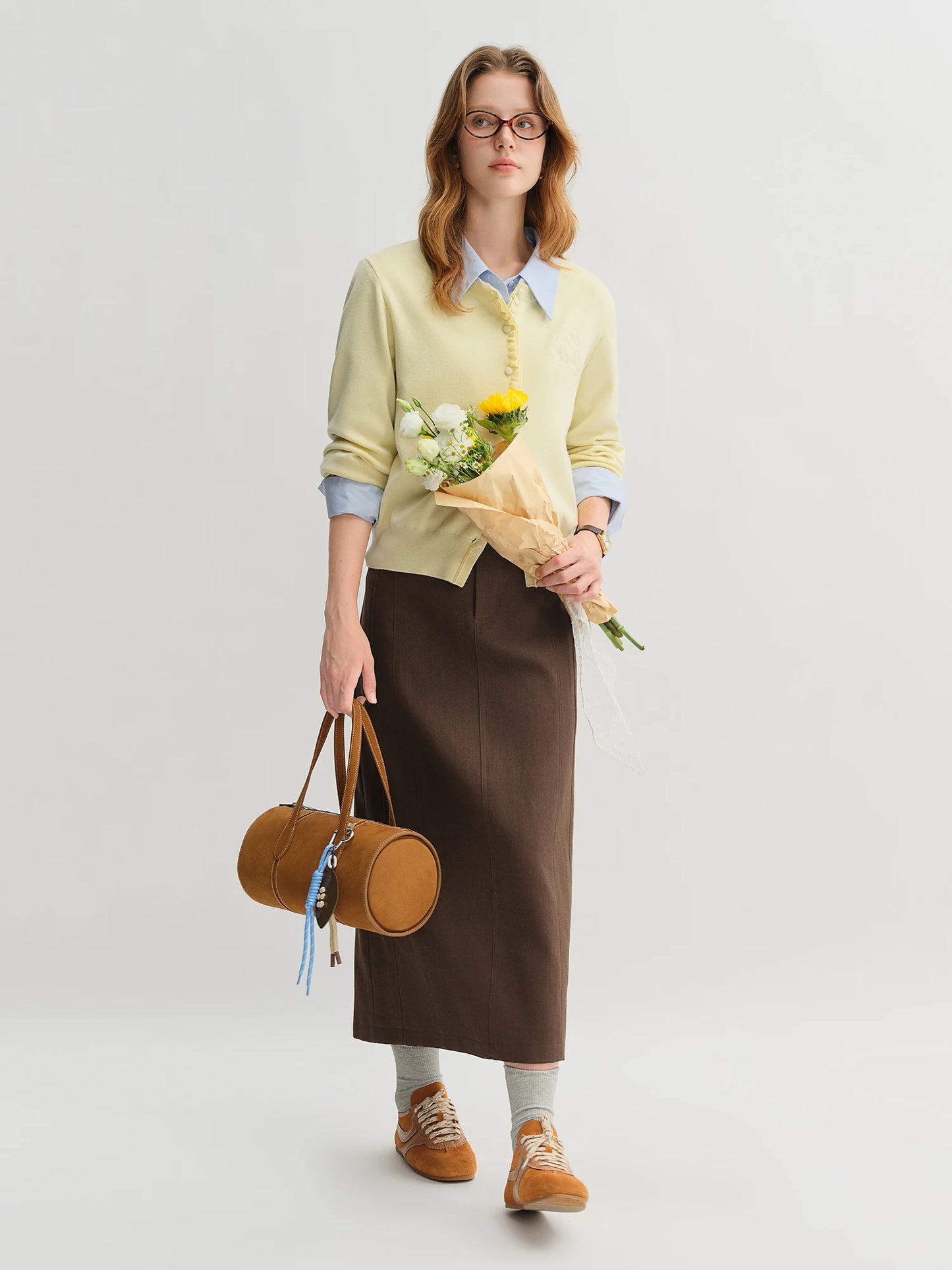 Floral Embroidered Knit Cardigan - Ruffle Trim Loose Fit Cardigan