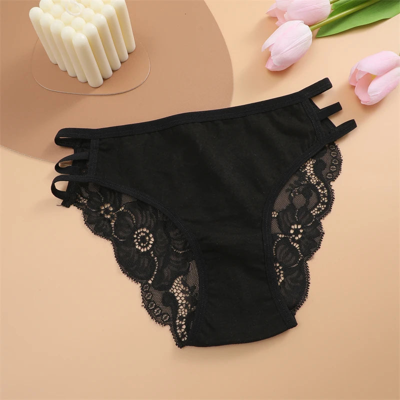 Women's 3PCS Lace Floral Underpants - Triple Belts Low-Waist Briefs Soft Lingerie