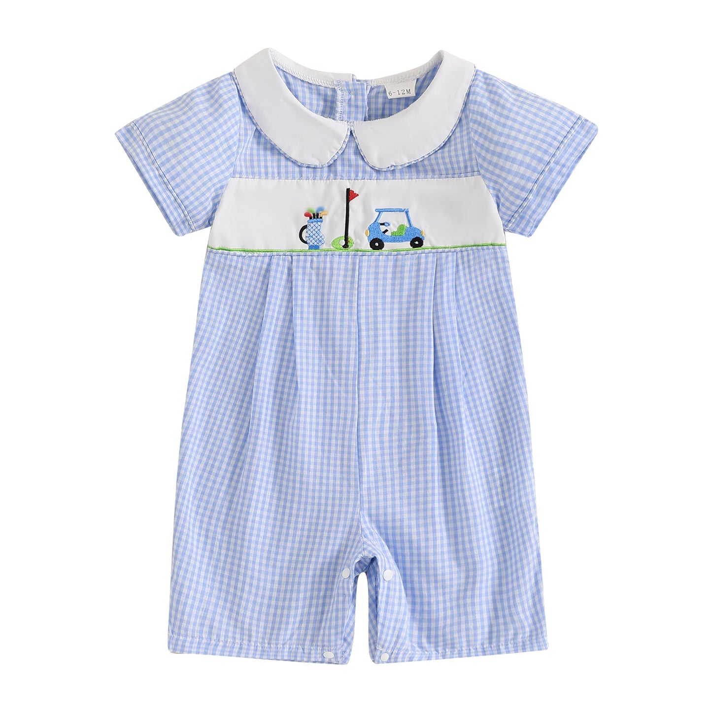Baby Boys Romper - Doll Collar Golf Embroidery Plaid Jumpsuit