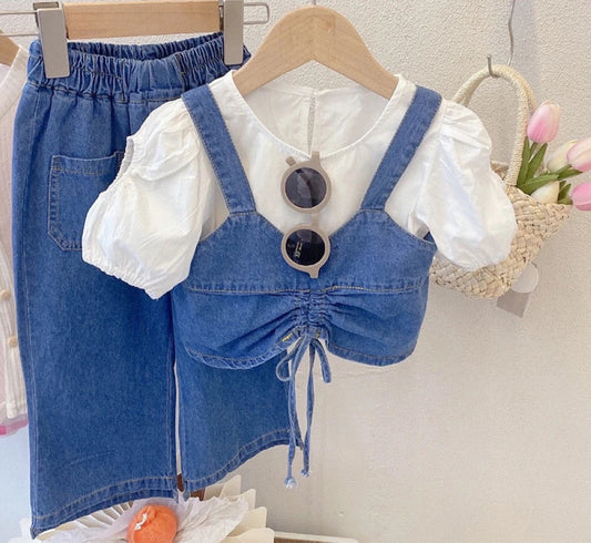 Girls' Set Summer Round Neck Short Sleeve Shirt with Denim Tank Top and Pants Three Piece  Set