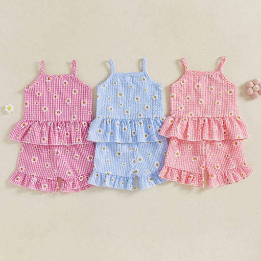 Girls' Sunflower Plaid Print Sleeveless Camisole & Elastic Waist Ruffle Shorts Set