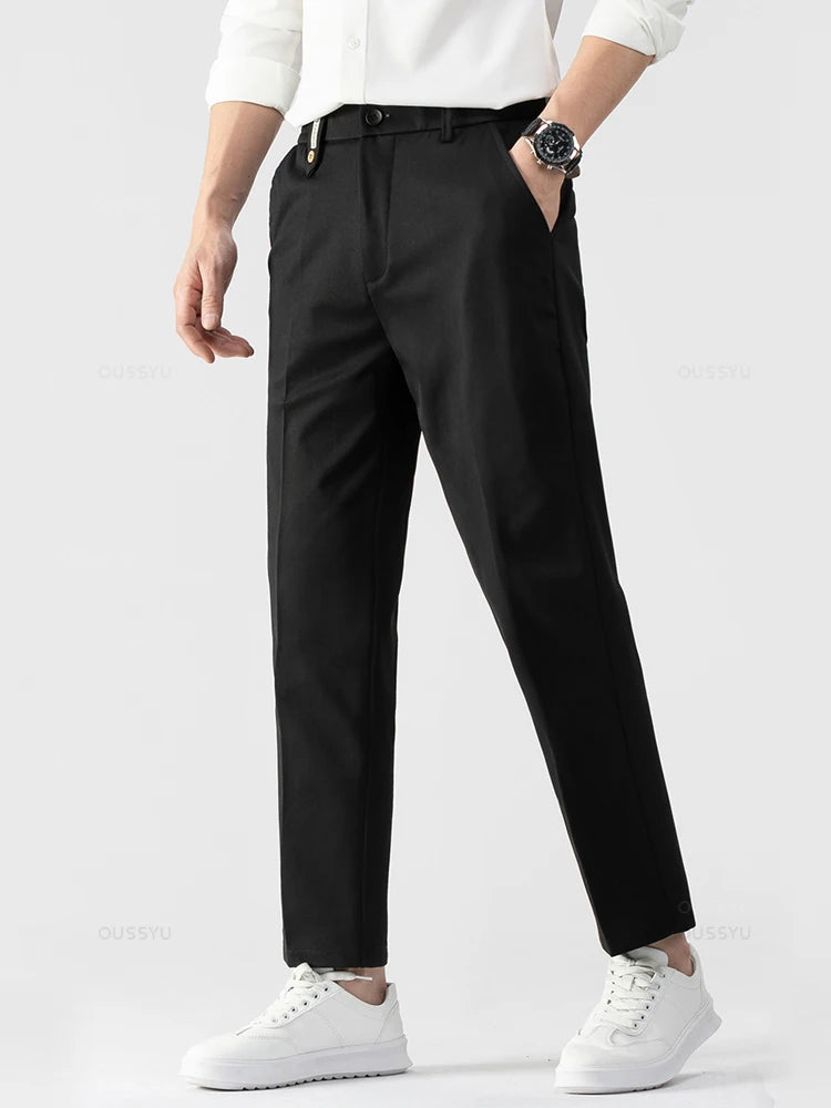 Men's Ankle-Length Straight Leg Trousers | Elastic Waist | Sash Detail | Midweight | All Season | Smart Casual