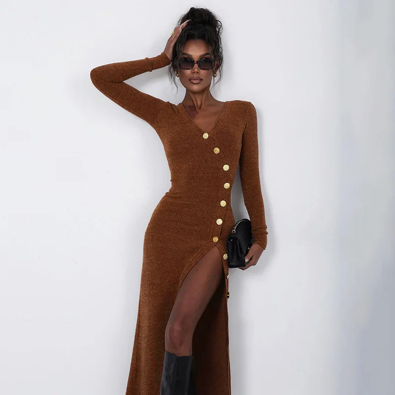 Women's Knitted Maxi Long Sleeve Buttons Dress