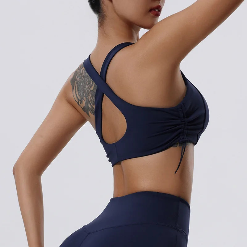 Women's High Impact Fitness Yoga Bra Gathered Push Up Sports Back Gym Crop Top Breathable Workout Vest