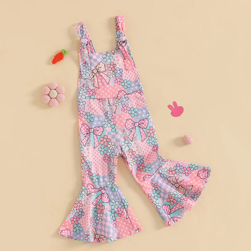Girls' Easter Romper Pants - Sleeveless Floral Rabbit Print Suspender Jumpsuit