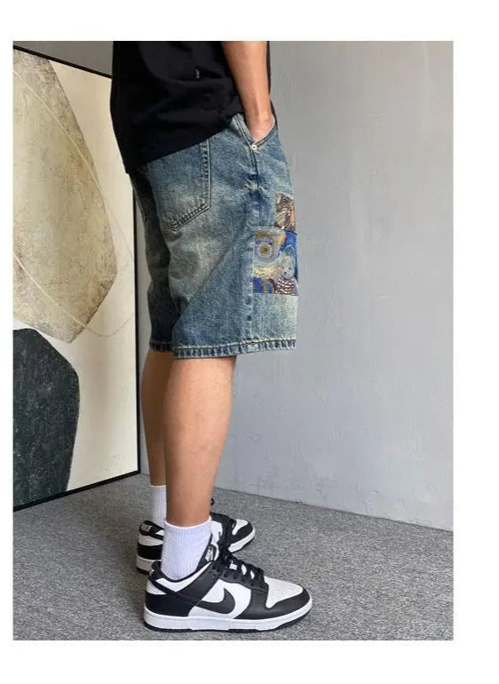 Men's Summer American Casual Embroidery Patch Vintage Denim Shorts
