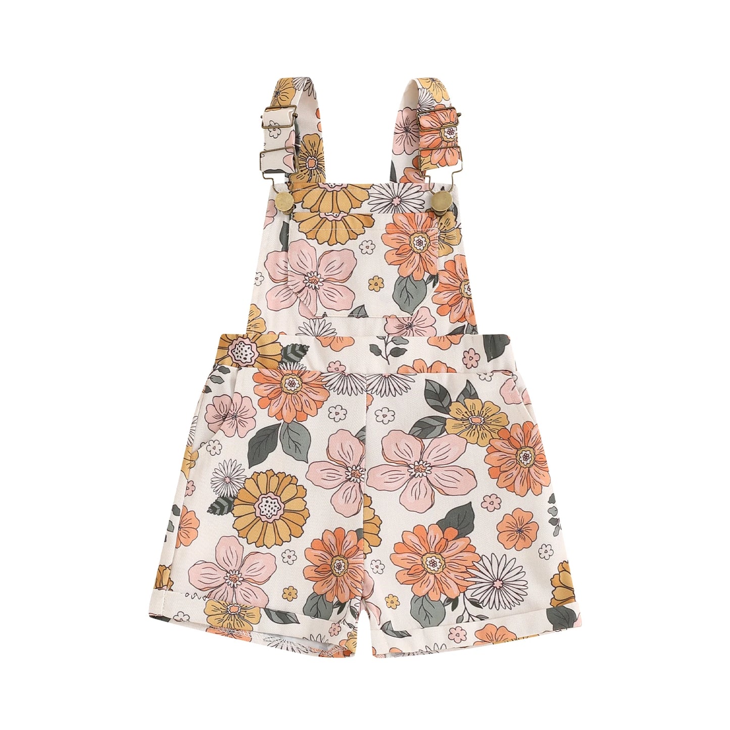 Kids Girls Overalls Shorts 0-6Y Sleeveless Straps Strawberry/Flower Print Denim Button Pocket Jumpsuit