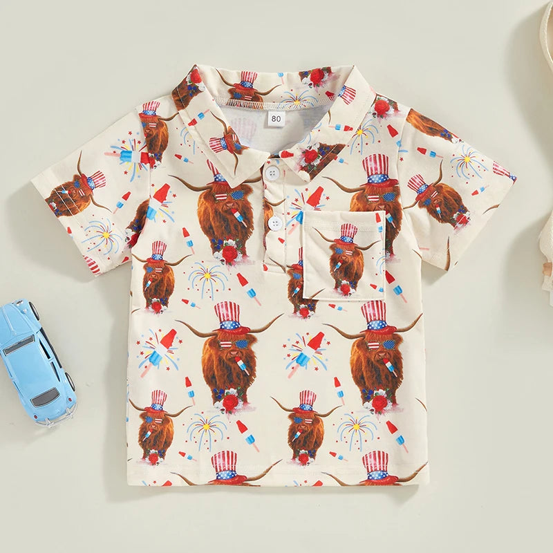0-4Y Toddler Kids Boys T Shirt Short Sleeve Eagle/Donut/Bull/Fireworks Print Pullover Tops for Independence Day