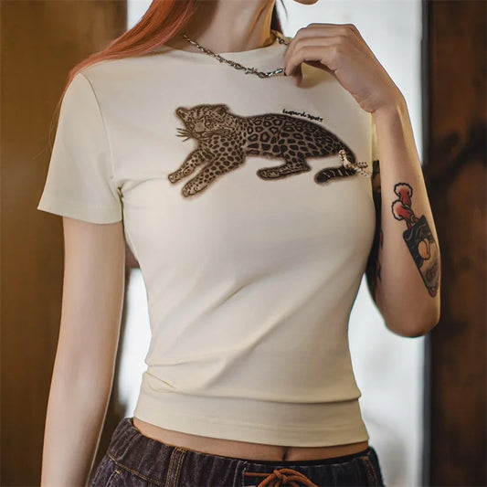 Women's Animal Print Short Sleeve T-Shirt - Vintage Crew Neck Tee