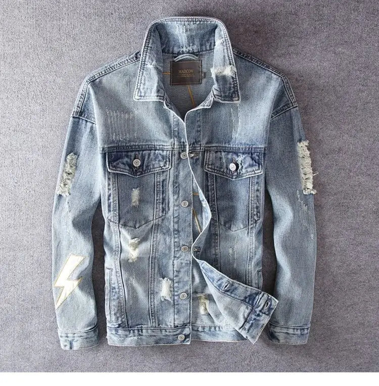 Men's Embroidered Denim Jacket - Retro Ripped Street Style