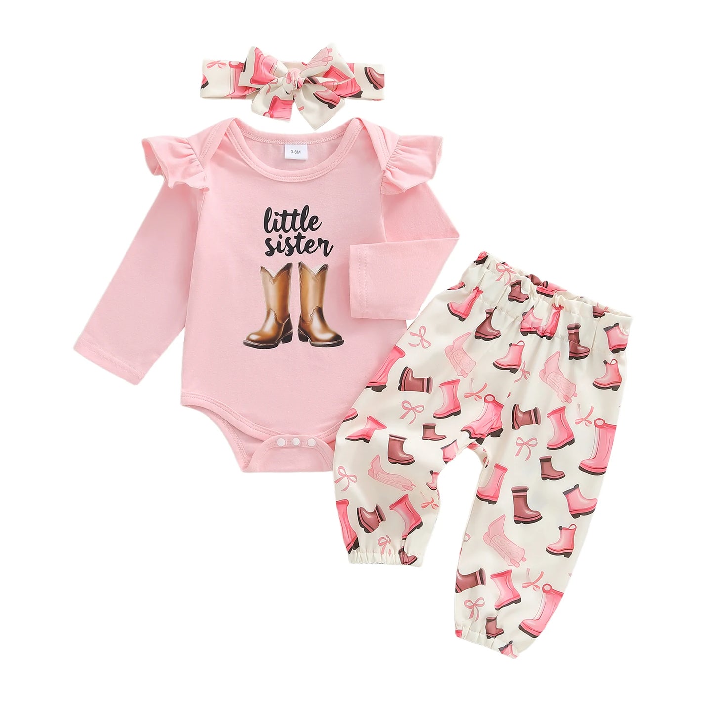Baby Girls Western Fall Winter Outfit Set - Long Sleeve Romper, Boot Print Pants & Bow Headband (0-18M)