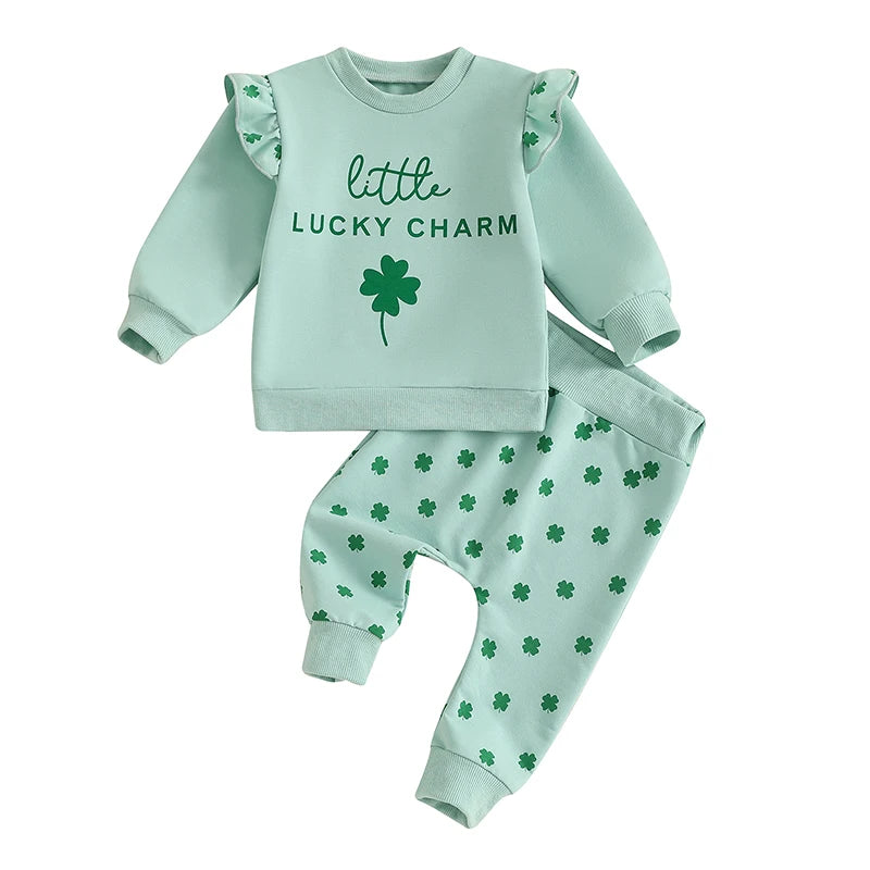 0-3Y Baby Girls Fall Clothes Set Letters Four Leaf Clover Print Long Sleeve Crew Neck Sweatshirt with Pants