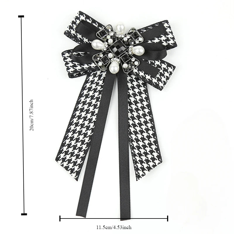Houndstooth Ribbon Bow Brooch with Pearl