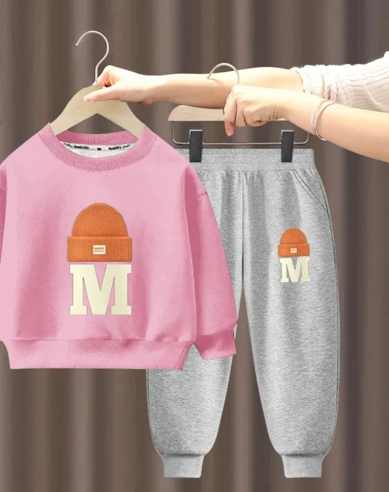 Children's Plush Letter Sweater Long sleeved Pants Two Piece Set