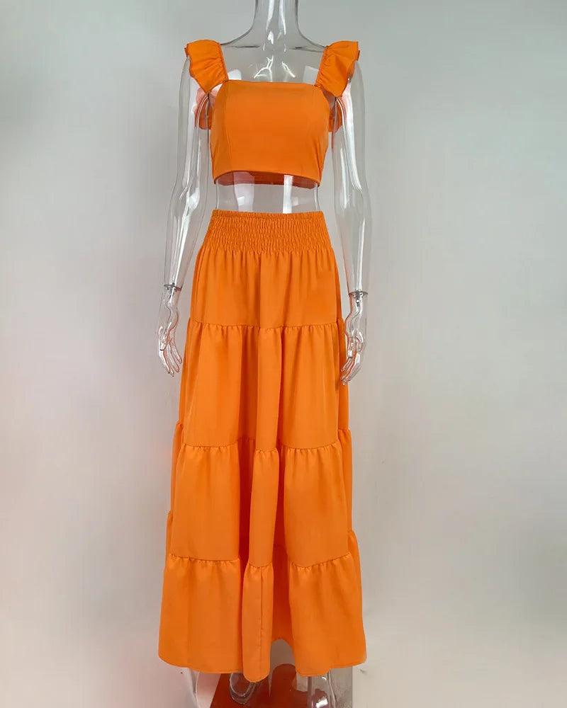 Women's Square Collar Flying Sleeve Ruched Crop Top & A-Line Ankle Skirt Set