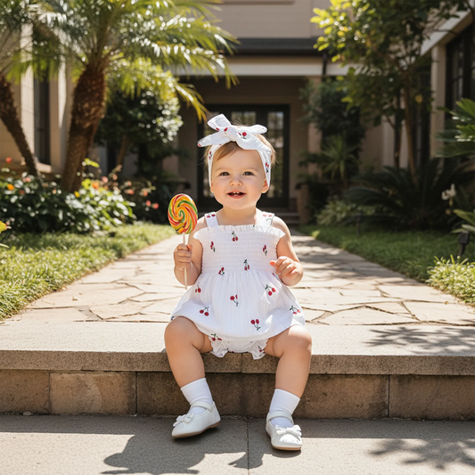 Baby Girls Summer Outfit Set - Cherry Print Square Collar Top with Ruffled Shorts & Headband 0-24M