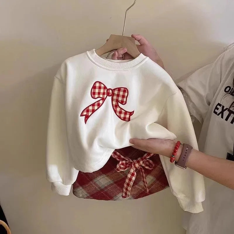 3-7 Years Girl's Clothes Autumn  Bow Print Long Sleeved Top and Plaid Skirt Easter Two-piece Set