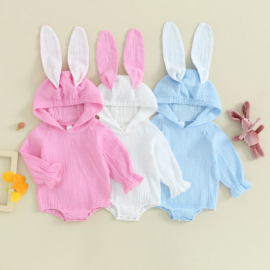 Infant Baby Girls Boys Easter Romper 0-18M Contrast Color Bunny Ear Long Sleeve Hooded Jumpsuits