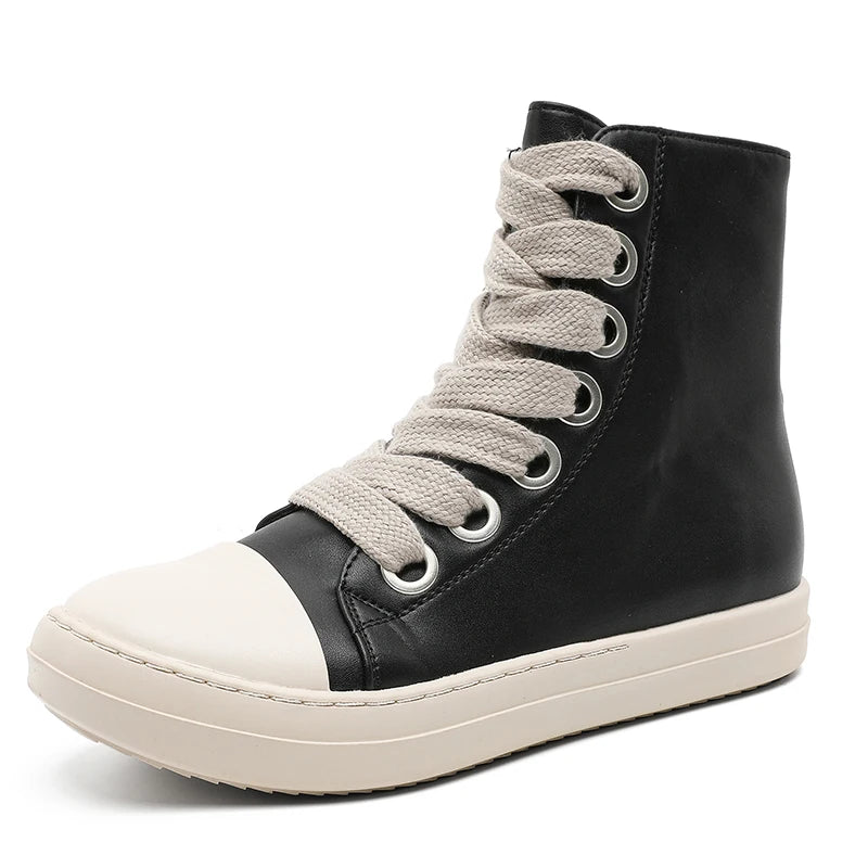 Men's High-Top Leather Sneakers - Lace-Up Zipper Ankle Boots