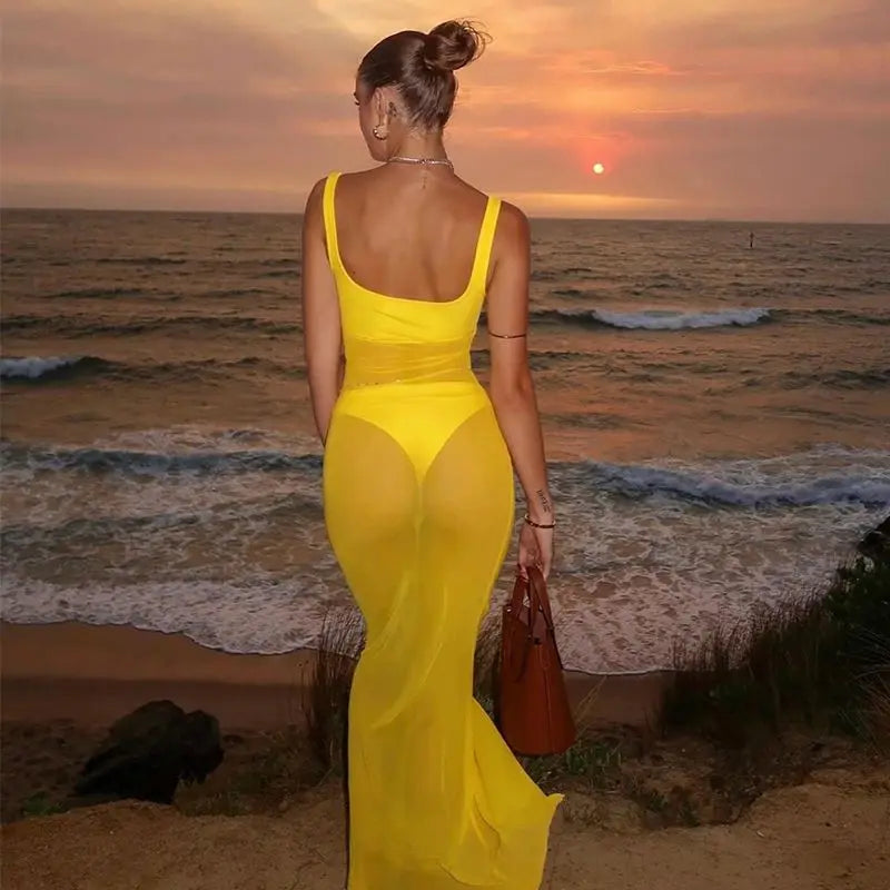 Square Neck Mesh See Through Maxi Dress - Backless Women Holiday Beach Tulle Dress Summer Outfit