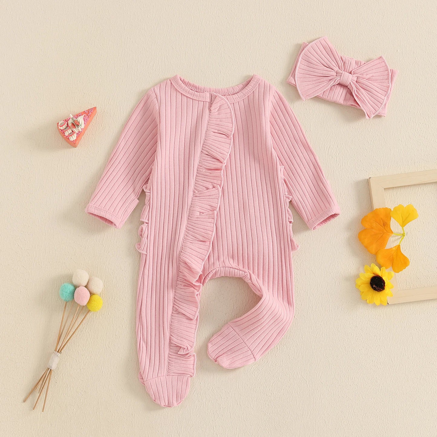 Newborn Baby Romper Set - Solid Ribbed Ruffle Trim Zipper Footed Jumpsuit & Bow Headband