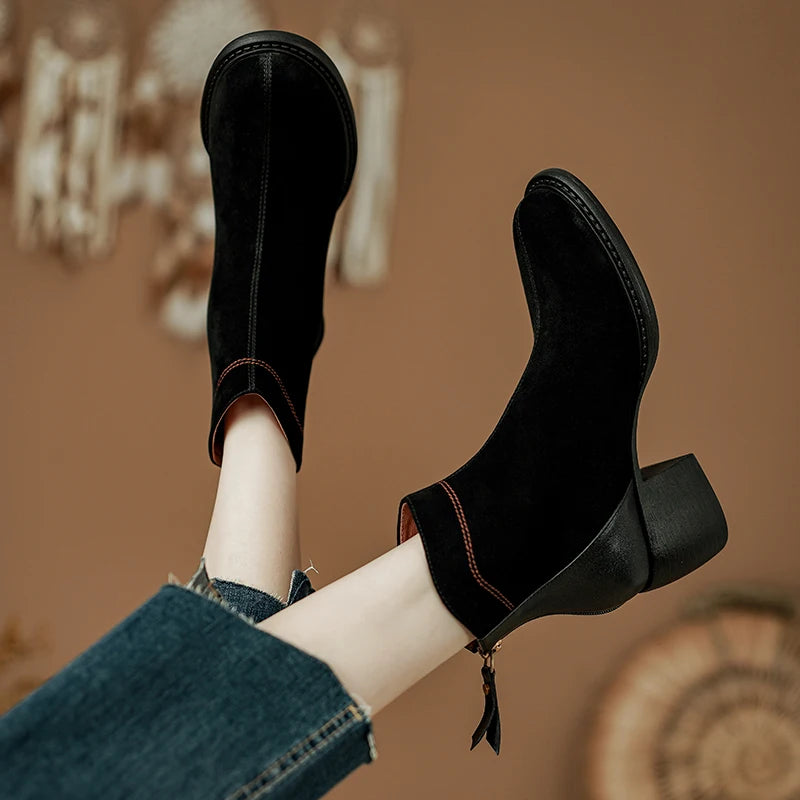 Women's Round Toe Chunky Heel Sheep Suede Leather Retro Ankle Boots